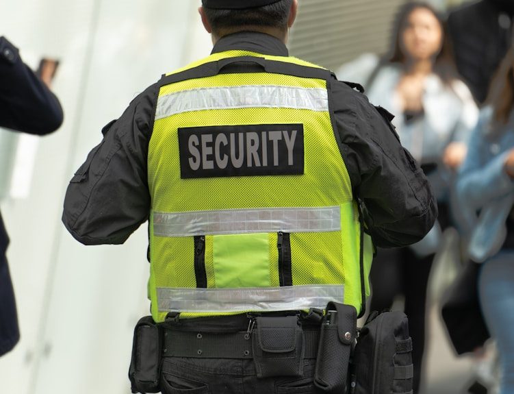 a security officer walking down a street